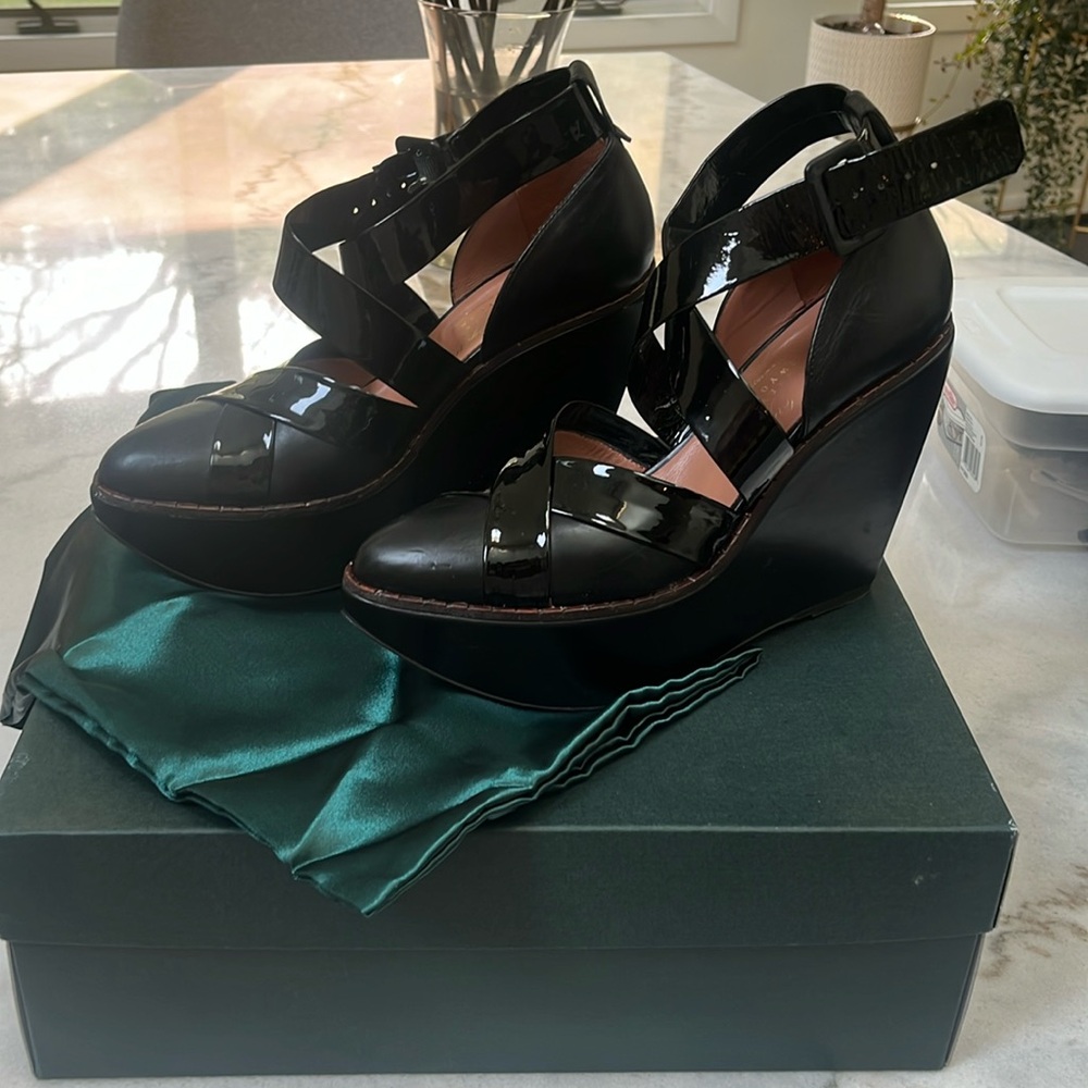 Robert Clergerie Wedge Platform Heels - Black - Criss Cross Straps - Size 7